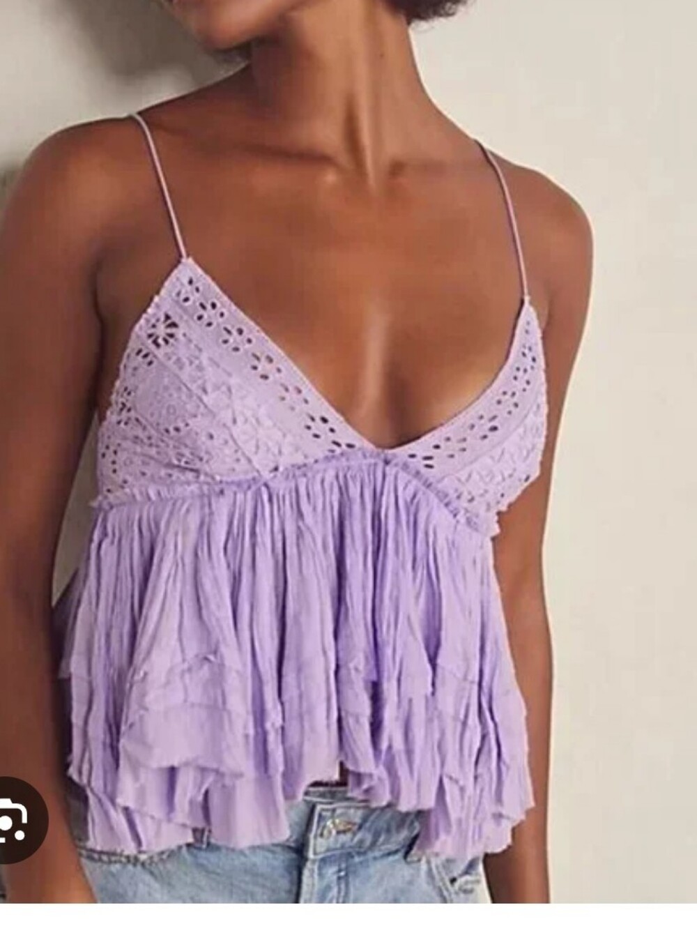 Free‎ People One Boho Eyelet Gauzy Carrie Babydoll Cropped Blouse Top Lagenlook
